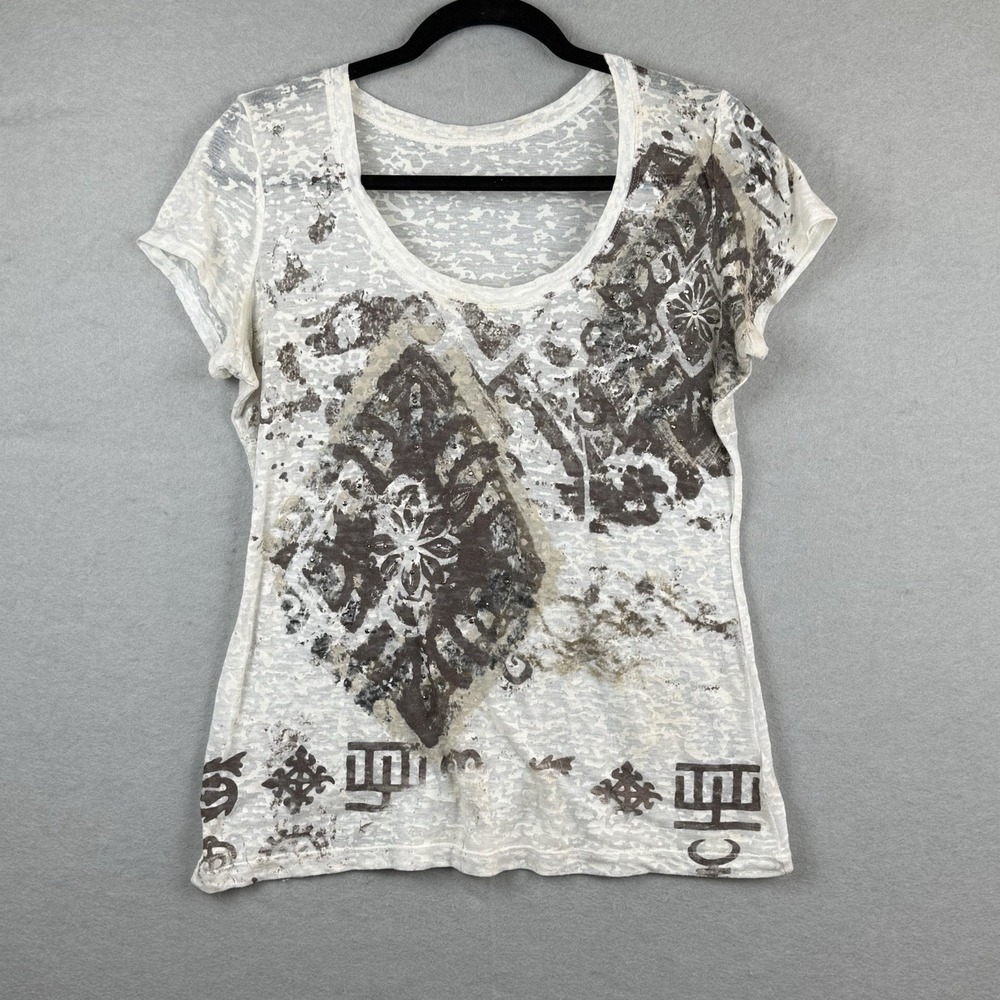 Maurices Women's Burnout Cyberpunk Grunge Gothic Bling Studded AOP T-shirt Sz L?